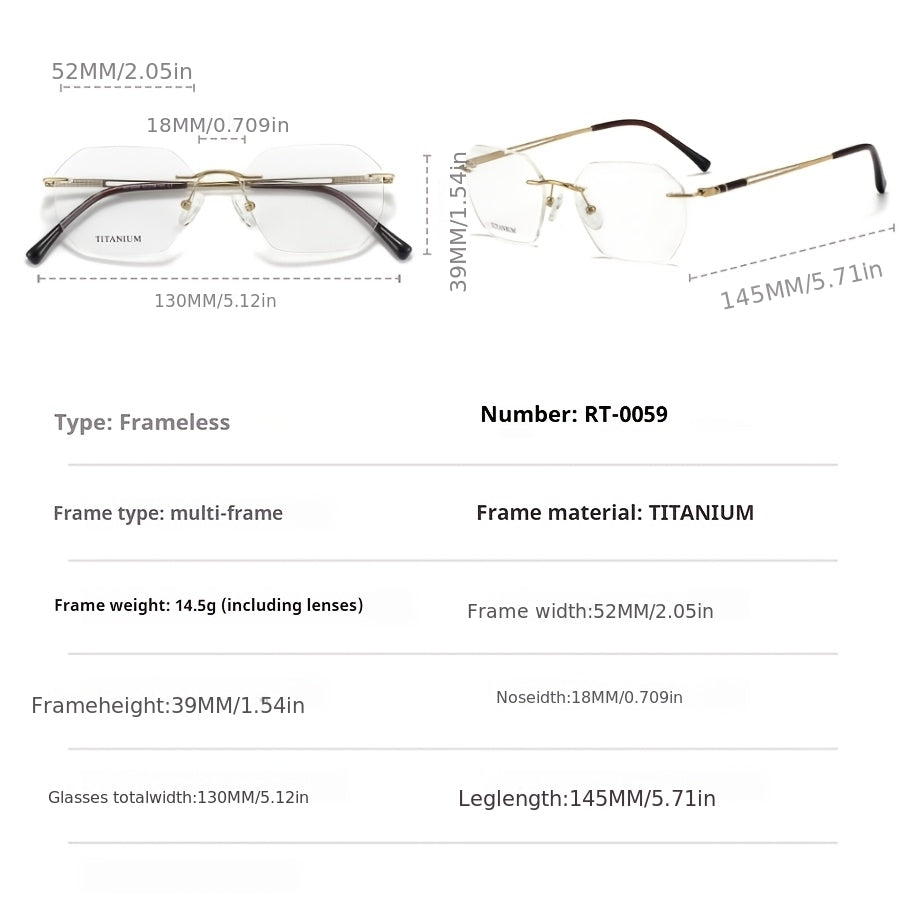Model YJ0059 Features Frameless Glasses Made of Pure Titanium, Suitable for Both Men And Women. These Elegant, High-End Eyewear Pieces Are Designed for a Business Style And Cater to Those with Larger Faces. This Is The New Edition for 2026